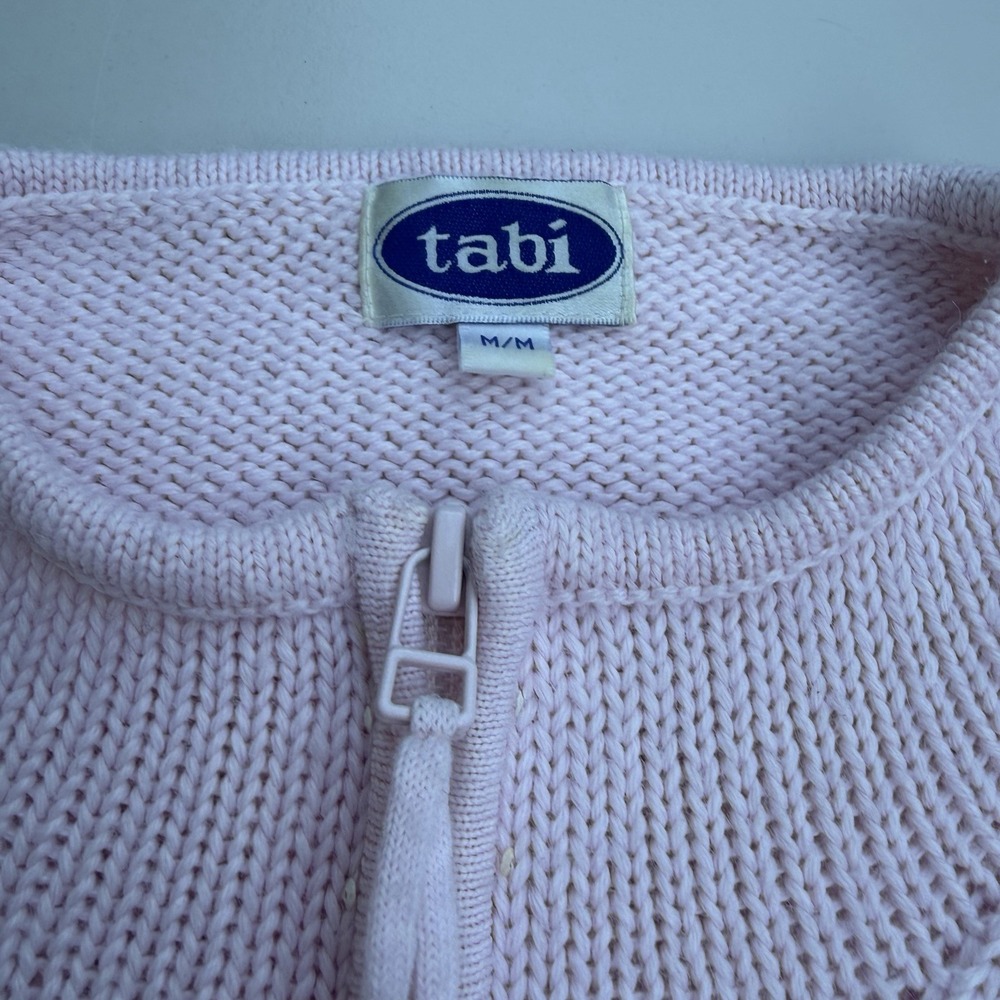 Vintage Tabi Pink Zip Knit Cardigan Sequins Embroidery Coquette Mock Neck M - Picture 3 of 10
